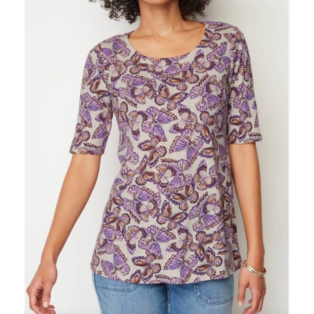 J.Jill Pima Slub Scoop Neck Side Slit Tee Women's Sz XL Purple Pink Butterflies